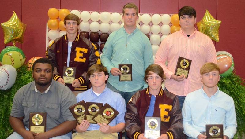 Daily Leader / Marty Albright / The Enterprise Yellow Jackets football team was honored during the school's athletic banquet. Players receiving awards were (seated, from left) Adam McGee, Best Offensive Lineman; Tanner Waldrop, Most Valuable Player, Best Defensive Back, Most Valuable Offensive Player; Tristan Cantrell, Most Valuable Special Team Player; Braxton Thompson, Most Valuable Defensive Player; (standing) Zach Hodges, Best Offensive Back; Noah Lambert, Most Improved; and Jonathan Britt, Best Defensive Linemen
