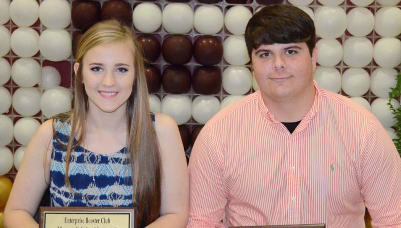 Daily Leader / Marty Albright / The Enterprise Booster Club honored three athletes with special scholarships during the school's athletic banquet. The finalist were (from left) Kinsey Dahlin, Maroon Scholarship; Jonathan Britt, Yellow Jacket Scholarship and not pictured Lauren Nuckles, Gold Scholarship.