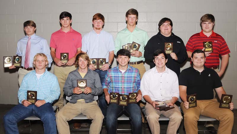 Daily Leader / Teresa Allred / The West Lincoln Bears football team was honored during the school's athletic banquet. Players receiving awards were (seated, from left) Julian Anderson, Hustle Award; Brennan Cagle, Senior Award; Jayden Rushing, Offensive MVP, All-District; Liam Rutland, All-District; Patrick Nottingham, Offensive Lineman Award; (standing) Matthew Allred, Defensive Lineman Award; Gabe Nations, All-District; Chase Owen, Elite Hands Award, Super 22-WR; Lofton Sills, Defensive MVP, Super-DE; Ethan Howell; Nicholas Burns, Senior Award.