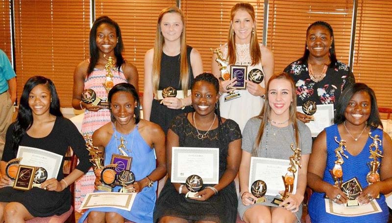 Daily Leader / Stacy Leake / The Bogue Chitto girls' basketball team was honored during the school's athletic banquet. Players receiving awards were (seated, from left) Shakiriana Jefferson, Best Offensive Player, All-District, Daily Leader Team; Zariah Matthews, Most Valuable Player, All-State, All-Lincoln County MVP, All-District MVP, Daily Leader Team MVP; Perstashia Henderson, Lady Cat Award; Karlie Williams, Tenacity Award, All-Lincoln County; Christian Black, Best Rebounder, All-State, All-Lincoln County, All-District; (standing) Taneshia May, Best Defensive Player; Karly Leake, Rookie of Year, All-Lincoln County; Terrah Nelson, Miss. Hustle, All-Lincoln County, All-District; Lineka Newson, Most Improved.