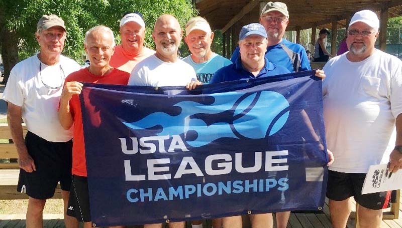 Daily Leader / Photo submitted / Brookhill's UTSA Men's Doubles 50 & over 6.0 captured the State Championship in Mississippi. Members of the team are (front, from left) Dennis Roberts of McComb; Mark Giust of Brookhaven; Clay Ladd of Monticello; (back) Ted Rounsaville of Addis, Louisiana; Perry Fillion of McComb; and Jim Latham of Brookhaven.