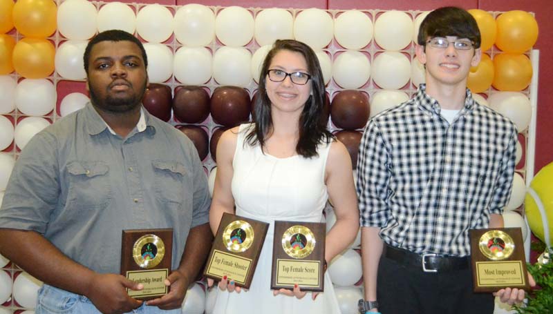Daily Leader / Marty Albright / The Enterprise archery team was honored during the school's athletic banquet. Players receiving awards were Adam McGee, Leadership; Trinity Stinson, Top Female Shooter, Top Female Scorer; and Trenton Lofton, Most Improved. Not pictured: Austin Hemphill, Top Male Shooter, Top Male Scorer.