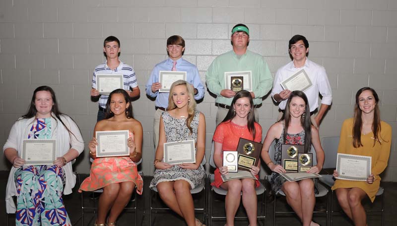Daily Leader / Teresa Allred / The West Lincoln tennis team was honored during a spring athletic banquet. Players receiving awards were (seated, from left) Abby Grace Stogner; Laura Leigh Dunaway; Madison Franklin; Kara Clark, Most Valuable girls doubles, Class 1A/2A State Champs; Katy Clark, Most Valuable girls doubles, Class 1A/2A State Champs; Carlie Smith; (standing) Jonathan Mathis; Matthew Allred; Sebastian Harrell, Most Valuable boys singles; Liam Rutland.