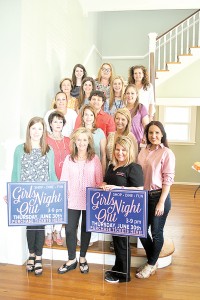 Photo submitted/ Several retailers and restaurants are participating in the sixth annual Girls Night Out event. Representing some of the businesses are, front row from left, Jillian Ricceri, Cathy Franck, Tessa Bradford and Katie Nations; second row from left, Melinda Said, Emily Childress and Carrie Nettles; third row from left, an unidentified Bumpers Drive-In employee, Jason Martin-Nez and Abby Nations; fourth row from left, Debbie Smith, Kellie Simmons and Anna Grace Brown; and fifth row from left, Erin Johnson, Brandi Day and Becky Rainier.