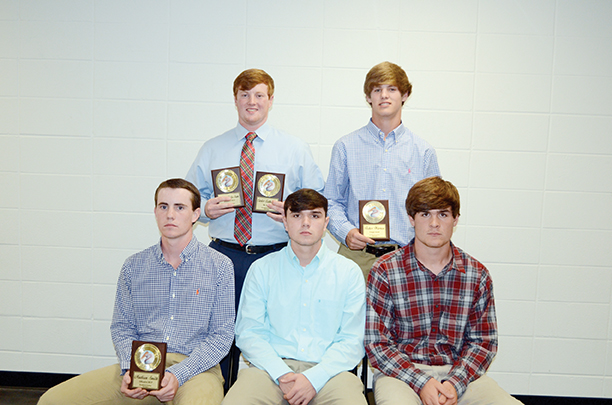 The Brookhaven Academy Cougars honored their baseball team during a spring banquet. Players receiving awards were (seated, from left) Madison Smith, Offensive Most Valuable Player, All-District; Taylor Freeny, All-District; William King, All-District; (standing) Carter Culbertson, Defensive Most Valuable Player, Mr. Hustle, All-District; and Fisher Warren, Cougar Award, All-District.