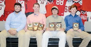 The Loyd Star boys’ soccer team was honored during a sports athletic banquet at the Lincoln Civic Center. Players receiving awards were (seated, from left) Lane Rogers, All-District; Brad Jasper, Most Valuable Player, Rookie of Year, Most Valuable Midfielder, All-District; Ryan Nevels, Most Improved, Coaches Award, All-District; and Dylan Smith, Most Valuable Defensive Player.