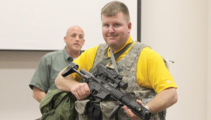 Photo by Alex Jacks/Bogue Chitto principal Jay Rayborn stands dressed out in the gear law enforcement would don during an active shooter situation.