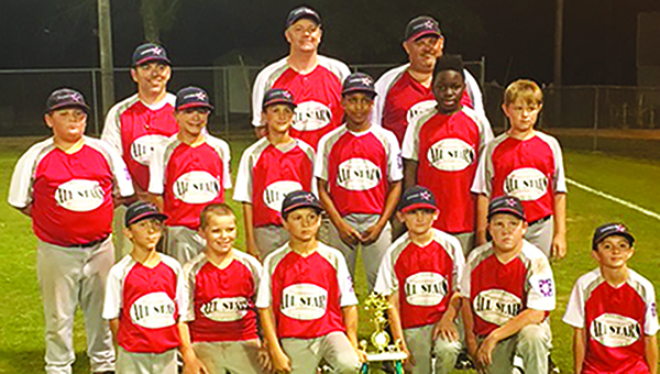 Photo submitted/ The 10-year-old American All-Stars defeated the Pike Americans in three games to claim the district championship over the weekend. They will now advance to the state tournament, where their first game is set for Friday at 8 p.m. Team members are Caden Yarborough, Caden White, Samuel Evans, Colby Terrell, Tanner Stokes, Connor Cunningham, Elijah Calcote, Noah Gatlin, Nathan Poole, Xavier Gayten and Nathan Rawls. Coaches are Shane Stokes, Chris Terrell and Tim Cunningham.