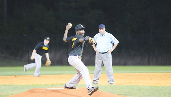 Photo by Anthony McDougle/ Starting Alexander Black pitcher Byrion Robinson delivers a pitch in the first inning of his team’s game against the Enterprise Yellow Jackets. Robinson posted six strikeouts on the mound and hit a double in a 6-5 loss to Enterprise at the Lincoln Civic Center Baseball Complex Thursday night.