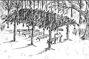 Diagram of a brush arbor similar to what was used as a gathering place when St. James first formed as the First Baptist Colored Church in 1913.
