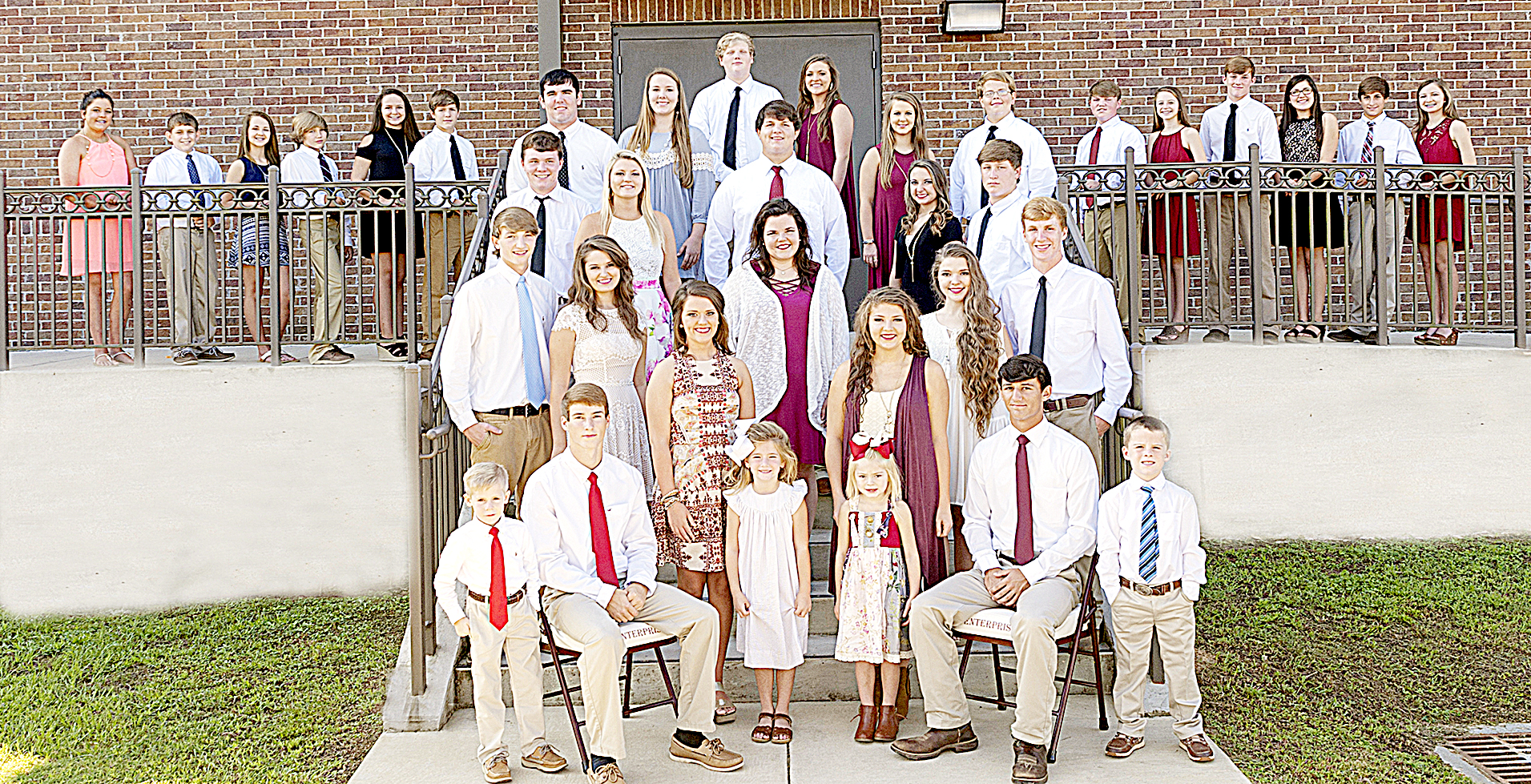 Photo submitted/ Homecoming for Enterprise High School is tonight. The homecoming court includes, front row, attendant Kayleb Gipson, left, escort Zach Hodges, homecoming queen Molly Burke, attendant Eliza Gunnell, Miss EHS Courtney Greer, attendant Baylee Nations, Mr. EHS Brant White and attendant Rosson Falvey; second row, escort Trevor Freeman, senior maid Marlee Francis, high school football maid Maddie Carter, senior maid Devan Hardin and escort Austin Carter; third row, escort Roman Carter, junior maid Karlee Burgess, high school football escort Lane Bessonette, junior maid Caley Cangemi and escort Kail Jordan; fourth row, escort Hunter Richardson, sophomore maid Gracie Thompson, sophomore Jacy Wallace and escort Brad Lambert; and back row, seventh grade maid Anna Burgess, escort Dawson Smith, seven grade maid Celsey Bourn, escort John Rivers Brown, freshman maid Julia Ann Townsend, escort Dustin Prather, escort John Burns, freshman maid Kaylie Burgess, escort Chase White, junior high football maid Emma Waldrop, escort Dylan Carter, eighth grade maid Kaylee Ervin, escort Lawson Chemin and eighth grade maid Jessie Rippy.
