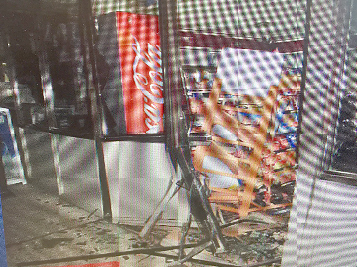 Photo submitted/Suspects used a stolen F-250 to smash into the wall of the C Store on Hwy. 51 Sept. 20 to steal an ATM. Police are looking for Gregory Trigg and Thaddeus Jarvis in connection with the crime. The truck was found on fire at the Jehovah’s Witnesses Kingdom Hall nearby not long after the theft was reported.