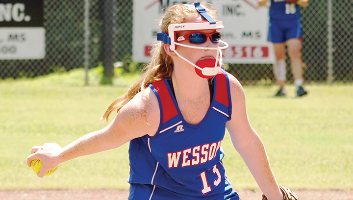 Photo by Tracy Fischer/Wesson Cobras’ starting pitcher Riley Smith delivers a pitch during a game earlier in the season. Smith plated the winning run against the Bulldogs in a 4-3 victory Tuesday.