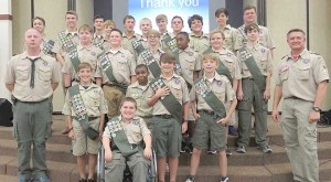 Photos submitted/The 31-member Boy Scout Troop 119 earned 138 individual merit badges throughout last year. They celebrated their accomplishments at a Court of Honor ceremony recently.