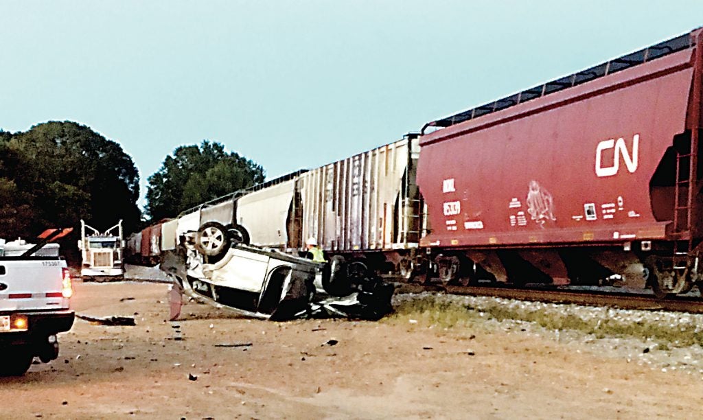 Photo submitted/No injuries were reported in a vehicle, train accident that occurred on the Spring Street railroad crossing in Wesson Sunday. 