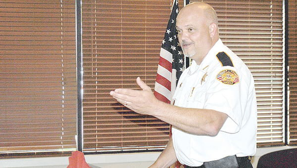 Photo by Aaron Paden Lincoln County Sheriff Steve Rushing speaks to the Lincoln County Republican Women Thursday during their bimonthly meeting. Rushing was honored by the group for his service to the county.