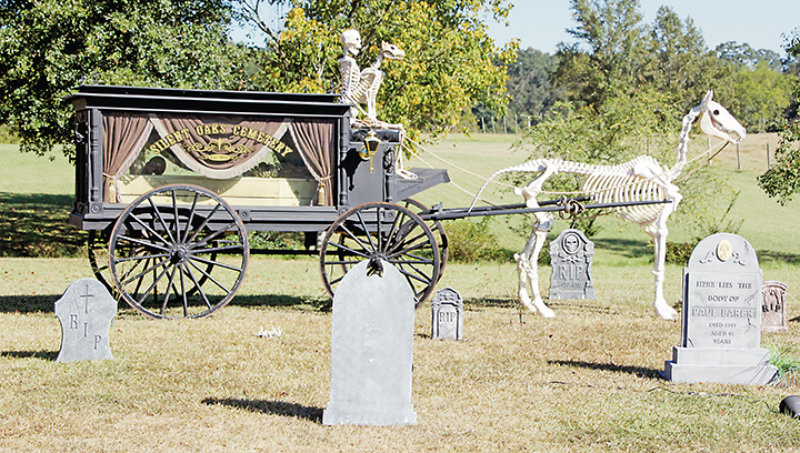 Photo by Alex Jacks/Those looking for a Halloween adventure prior to Oct. 31 are encouraged to take a ride out to Brian and Beth King’s “Silent Oaks Cemetery,” located at 4179 Anderson Road in Wesson. The Halloween Haunt features handmade props fit to scare, including this horse-drawn hearse.