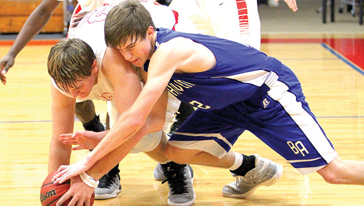Photo by Sherylyn Evans/BA’s Dawson Flowers and Parklane’s Newlon Gillihan scramble for a loose ball Tuesday night.