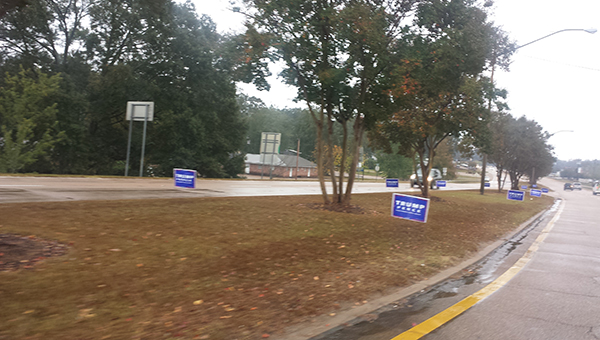 Photo submitted/Political signs endorsing Donald Trump were placed along Brookway Boulevard early Tuesday morning. It took 10 city workers two hours to collect the signs, which violated local ordinances because they were on public rights-of-way.