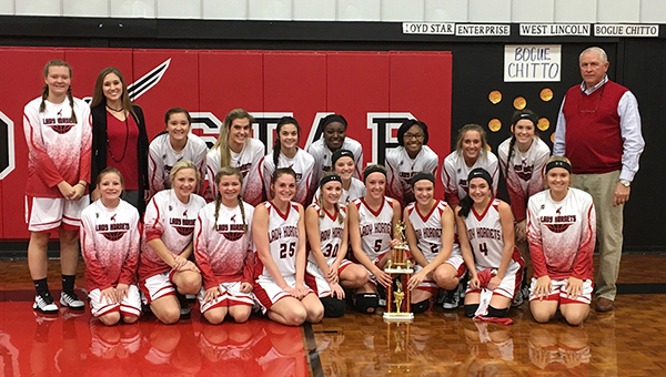 Photo by Nikki Diamond/The Loyd Star team is: kneeling: Malori Cade, Taylor Smith, Carly Beth Wallace, Katie West, Faith Bergeron, MaKenzie Smith, Lydia Britt, Caylee Grace Yarborough, Marley Poole; standing: Sarah Britt, Coach Laura McKay, Kelsie Foster, Whitney Watts, Jordan Kramer, Kaylan Smith, Kaylea Smith, Ta’Maria Townsend, Christie Patterson, Meagan Poole and Coach Gene Britt.