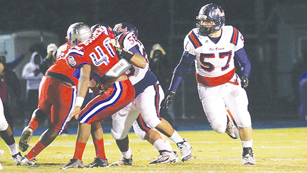 File photo/Trace Clopton (57) was named to the Mississippi Football Coaches All-State first team. Junior defensive lineman Jeffrey Johnson and junior outside linebacker Jordan Blackwell were named to the second team.
